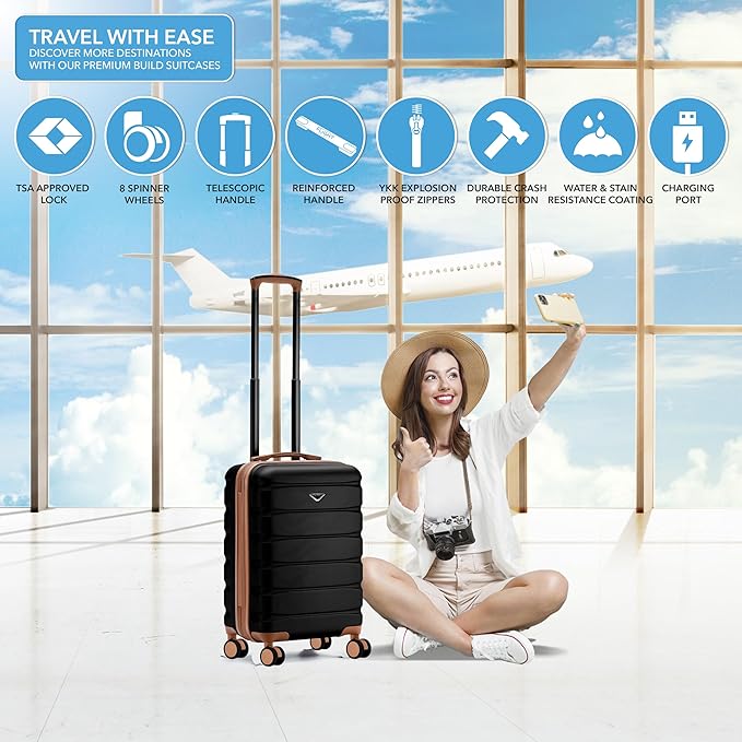 Carry On Suitcase Hardside TSA Lock & USB Port Silent Double Spinner Wheels Maximum Carry-On Bag For Canada Air Approved Airlines( 21.5x15.5x9" ,Black/Tan )