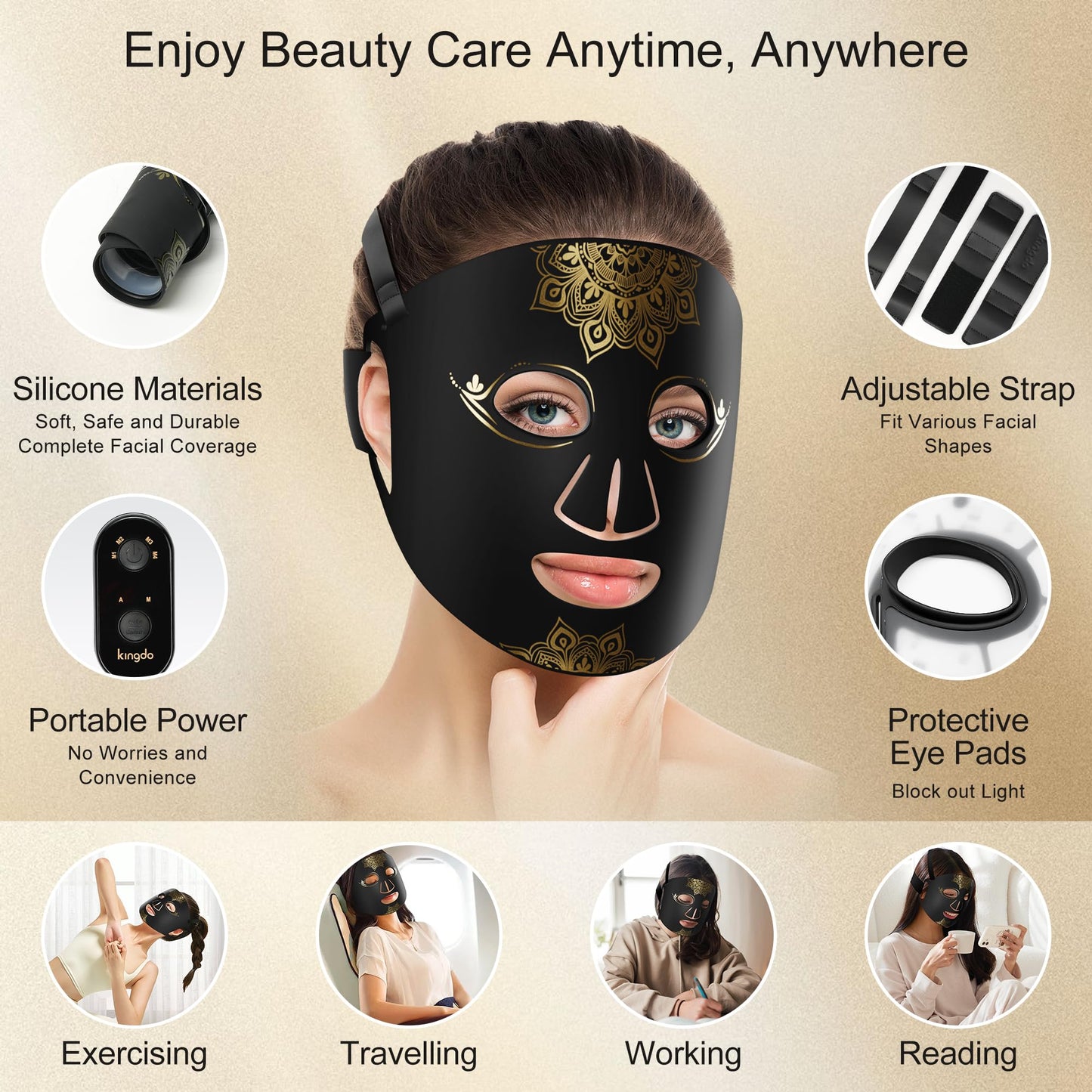 KINGDO Red Light Therapy Mask for Face, 4 Modes Infrared Light Therapy LED Face Mask with Remote, Portable and Rechargeable with Timer, Ideal for Home Use