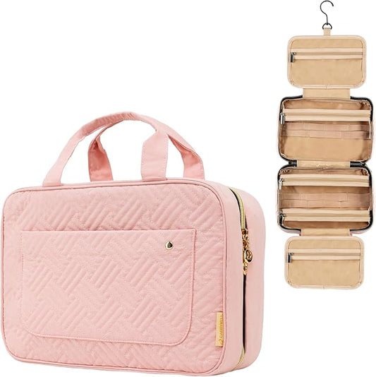Carrywell |Not Made In China| Hanging Toiletry Travel Bag For Women, Makeup Organizer Case, Water-Resistant Cosmetic Bag For Full-size Containers, Toiletries (Pink, Large)
