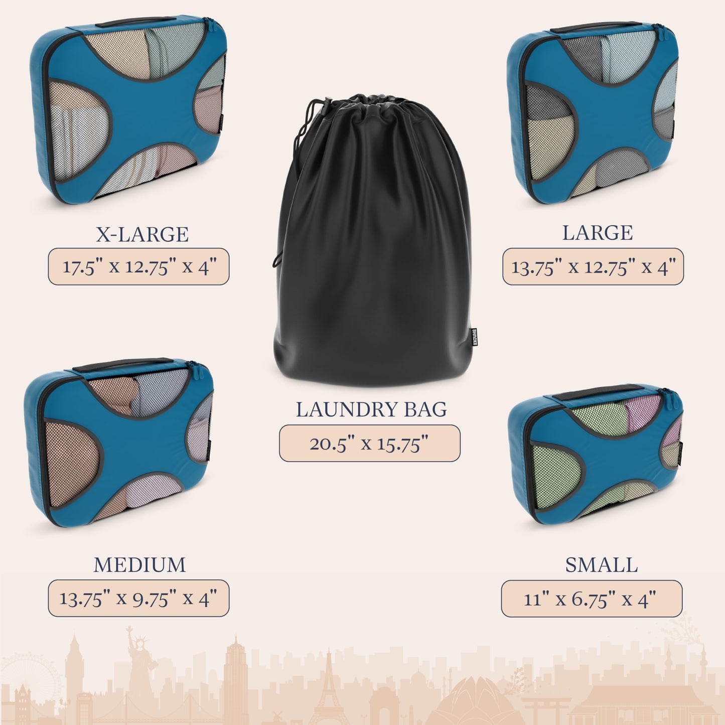 Shacke Premium 5 Packing Cubes Set - Lightweight Mesh Travel Luggage Organizers with Laundry Bag, 5-Piece Suitcase Storage System (Gentlemen's Blue)