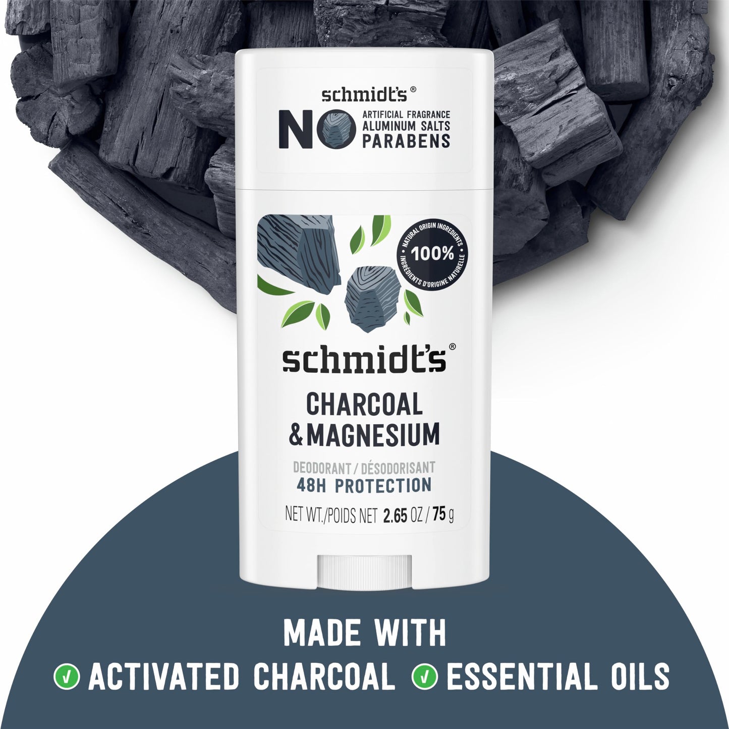 Schmidt's Aluminum-Free Vegan Deodorant Charcoal & Magnesium with 48 Hour Odor Protection, 2 Count for Women and Men, Natural Ingredients, Cruelty-Free, 2.65 oz, Pack of 2