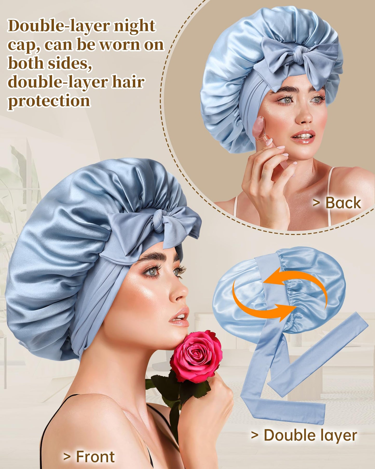 100% Mulberry Silk Bonnet for Sleeping Women Silk Hair Bonnet Elastic Tie Band with Silk Hair Scrunchies Silk Sleep Eye Mask(Mist Blue+Sky Blue)