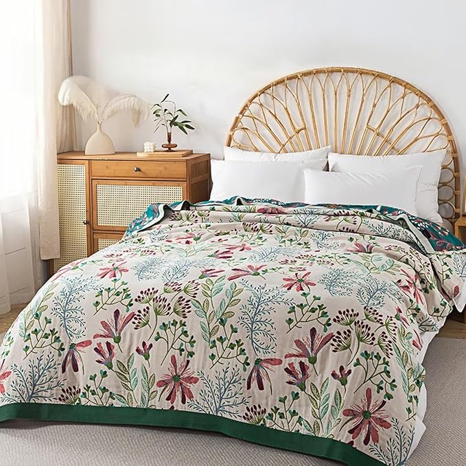 Boho Throw Blanket 100% Cotton, Green Grass Muslin Large Queen Size Quilt Blanket for Bed, Sofa, Couch, Farmhouse Decor Bed Blankets, All Season Rustic Throw Blanket