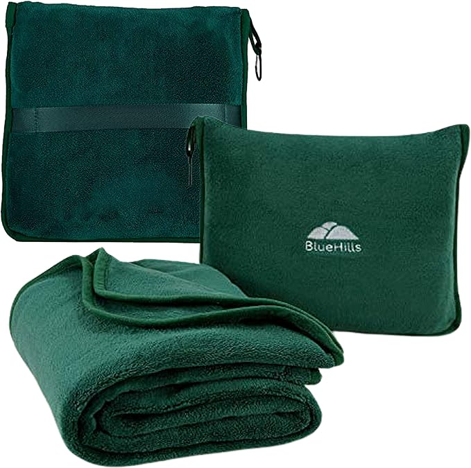 BlueHills Premium Soft Travel Blanket Pillow Airplane Flight Blanket Throw in Soft Bag Pillowcase Compact Pack Large Comfort for Travel Green (Dark Green T010)