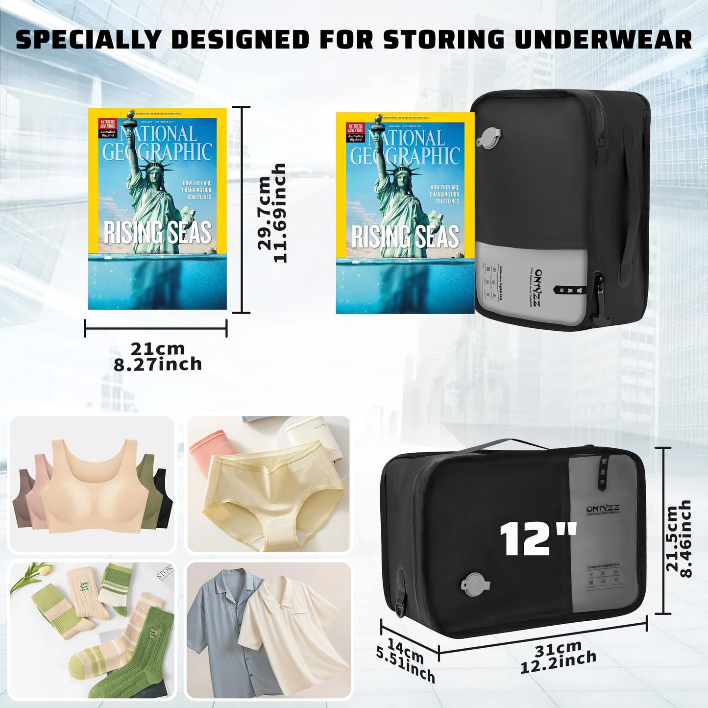 ONTYZZ Travel Vacuum Compression Bags 12 inch Space Saver Bags Vacuum Travel Case with IP67 Waterproof Zipper for Socks, Underwear, One Bag Black