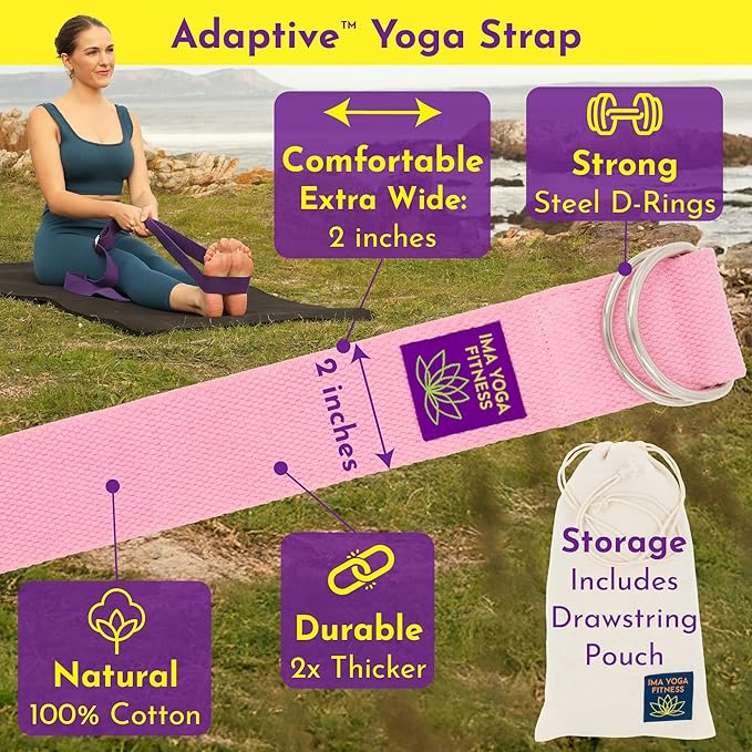 Adaptive Yoga Strap, Stretching Strap, 2 Inches Wide, 100% Naturally Soft Cotton, Steel D-Rings, Includes Natural Cotton Drawstring Storage Pouch and Instructional E-Book