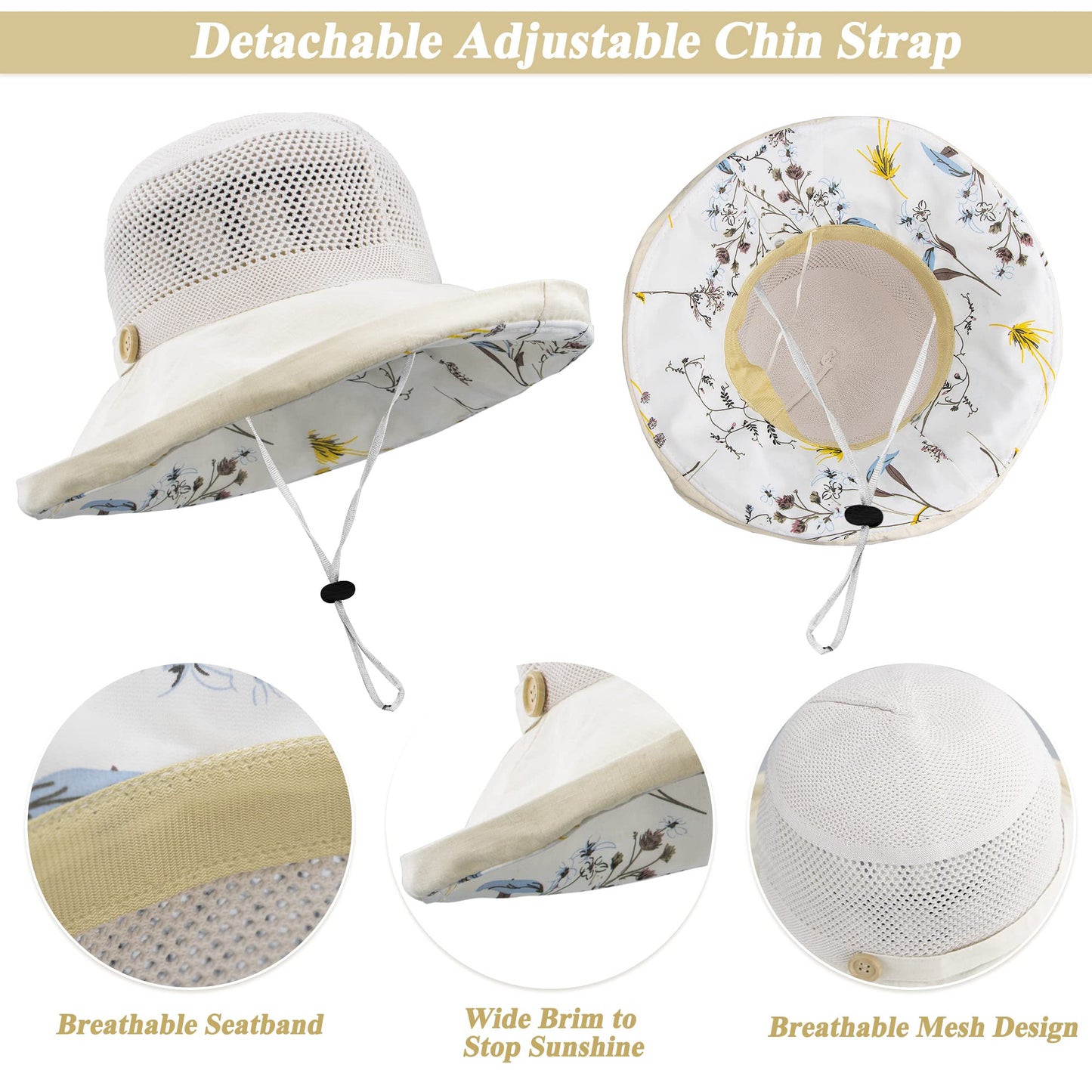 Women's-Mesh-Sun-Hats Wide-Brim Summer Beach Bucket Caps for Girls Outdoor-UV-Protection Foldable-Fishing-Hat Chin Strap Beige