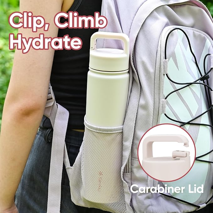 24 oz Insulated Water Bottle, 2-in-1 Lid, Straw & Spout with Protected, Leak Proof, Keep Cold, Stainless Steel, Metal, Reusable, Handle, for Travel, Gym and School, 2 Lids, Pale Pink