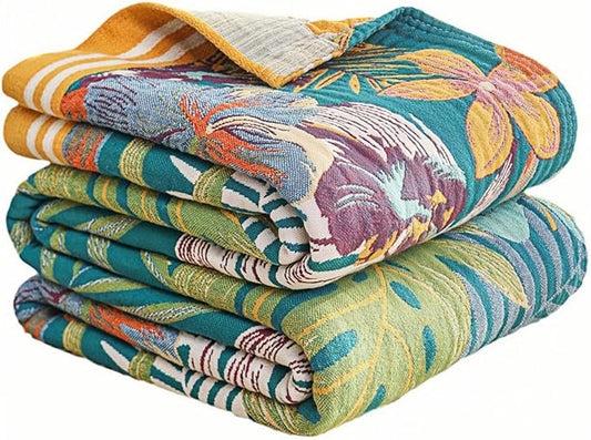 Boho Throw Blanket for Bed, 100% Cotton Floral Printed Farmhouse Decor, Cozy Warm Winter Blankets Bohemian Quilt, Ultra Soft Breathable Muslin Blankets for Adults, 80''x90''