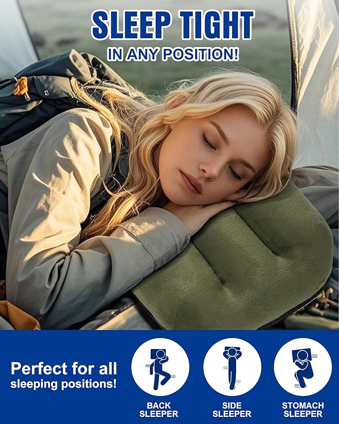 Ultralight Inflatable Camping Pillow for Sleeping – Soft Velvet Cover, Compact & Portable, Ergonomic Neck Support, Machine Washable Air Pillow, Perfect for Travel, Hiking, Backpacking – Green