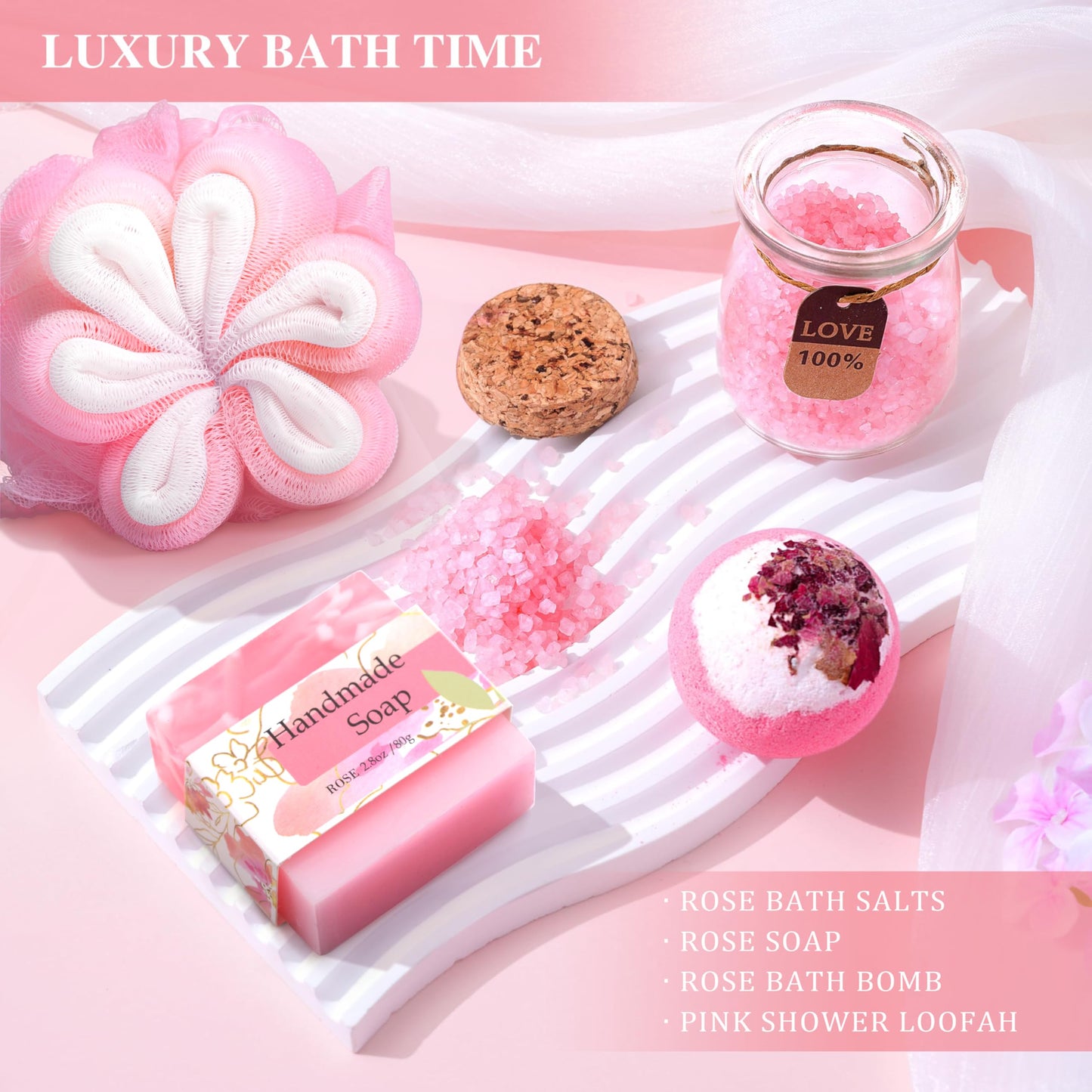 Birthday Gifts for Women, Happy Birthday Gifts Basket for Women Self Care Gift Get Well Soon Gifts, Rose Relaxing Spa Gift Basket with Beach Towel, Woman Birthday Gift for Sister Coworker Her Bestie