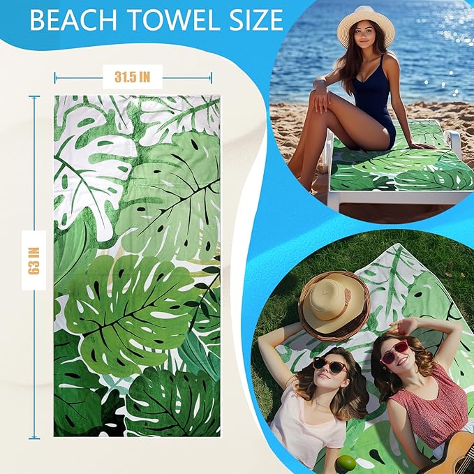 2 in 1 Packable Towel Bag - Summer Tropical Beach Blanket Backpack Green Travel Picnic Towel for Family Holiday Camping