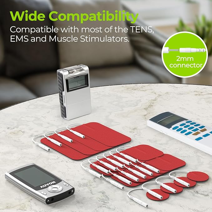 AUVON TENS Unit Replacement Pads Combination Set, 20 Packs Multiple Sizes Electrodes for TENS Unit, Reusable and Latex Free Pigtail TENS Pads for Multiple Pain Relief, 2mm Connector(Red)