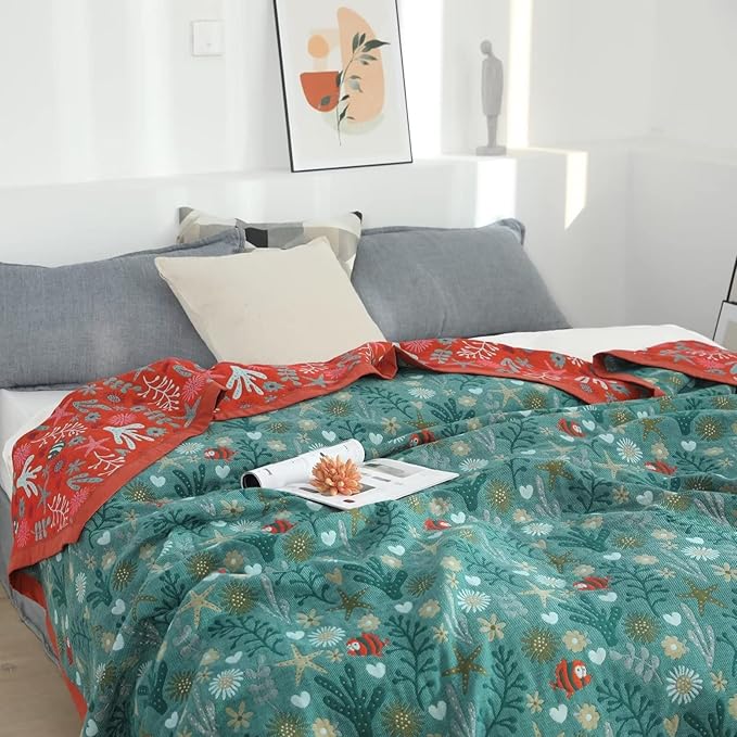 Boho Throw Blanket for Bed 100% Cotton Ultra Soft Rustic Quilt Fall Blanket Floral Printed Farmhouse Decor Bed Blankets,80"×90" All Season Rustic Throw for Sofa Couch Chair