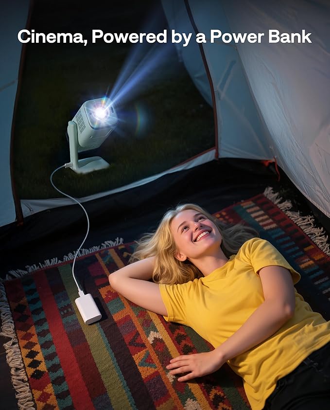 Aurzen BOOM Air Google TV Portable Projector with WiFi and Bluetooth, USB-C Powered, Smart Projector for Outdoor & Home Movie, 4K Supported, Real-Time Focus, Dolby Audio, Adjustable Stand, Off-White