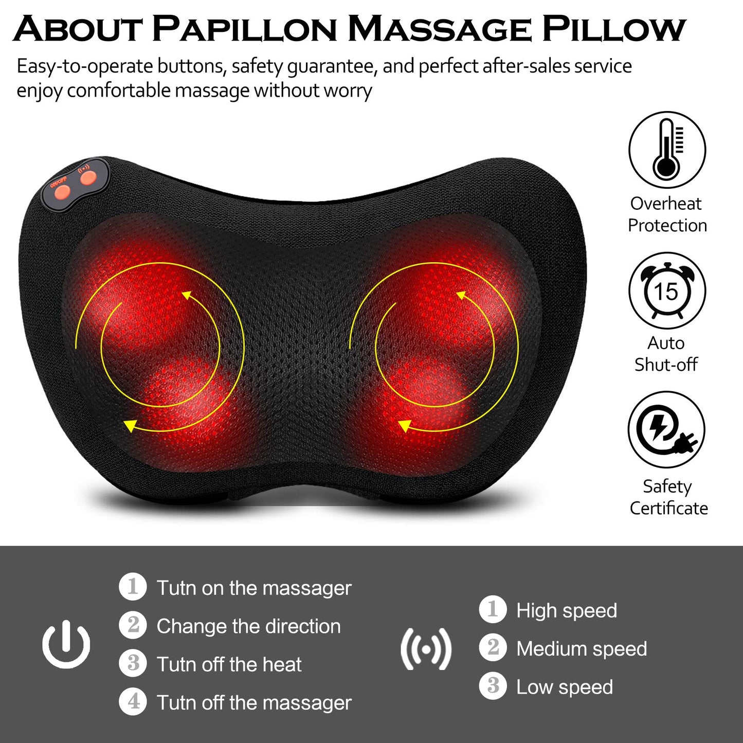 Papillon Back Massager,Shiatsu Neck Massager for Pain Relief,Electric Shoulder Foot Massage Pillow with Heat,Gifts for Mothers Day,Christmas Gifts for Women/Men,Deep Tissue Kneading for Waist,Legs