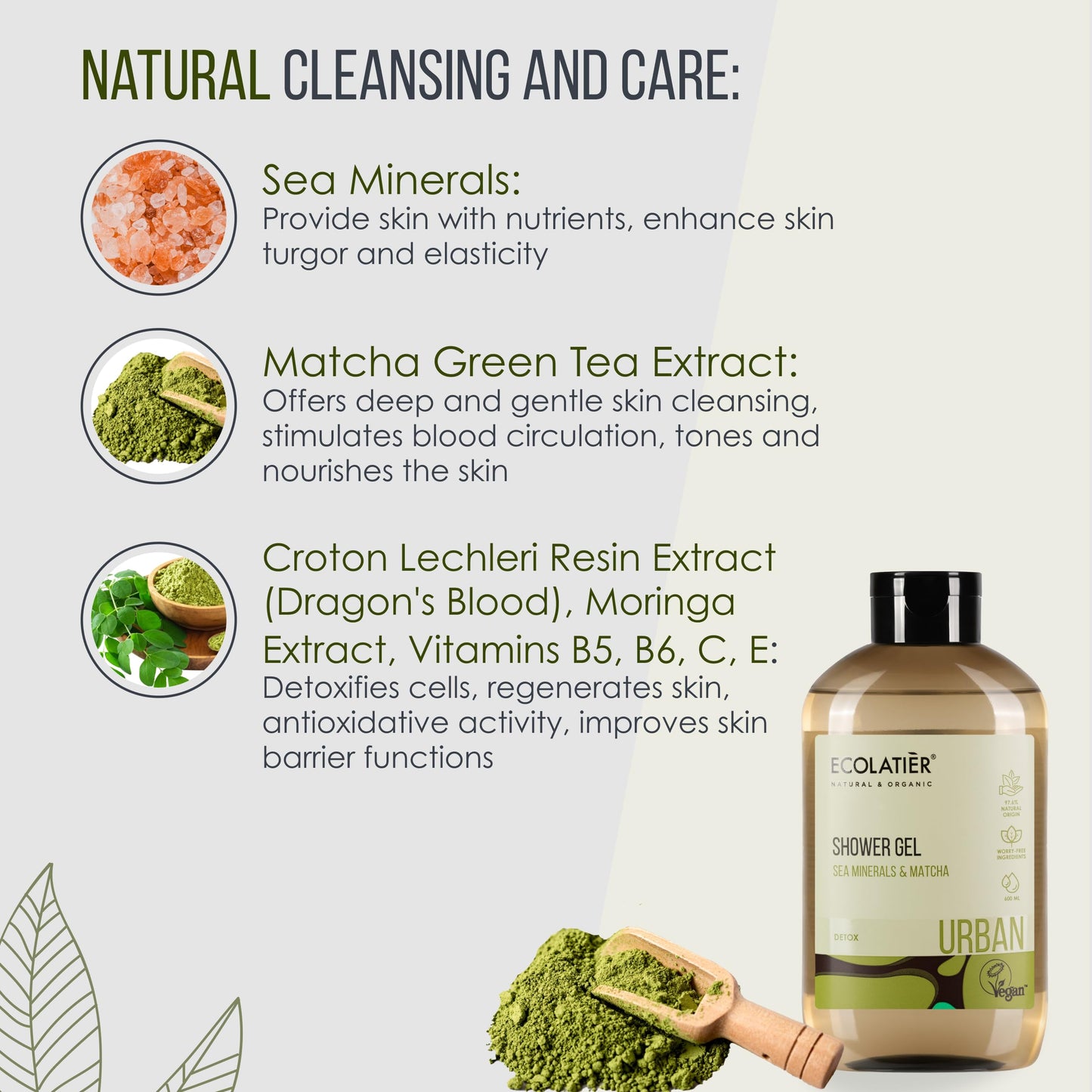 Sea Minerals & Matcha Body Wash - Natural Body Wash for Women & Men, 97.5% Natural Ingredients, Detoxifying & Hydrating Cleanser for Sensitive Skin, Gentle & Nourishing Care, 20.3 Fl Oz