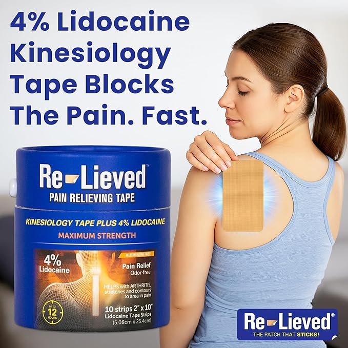 4% Lidocaine Maximum Strength Pain Relief Kinesiology Tape - Relieves Back, Joints and Muscle Pains - Superior Sticking, Aluminum-Free Water Resistant, and USA Made - 2" x 10" Strips