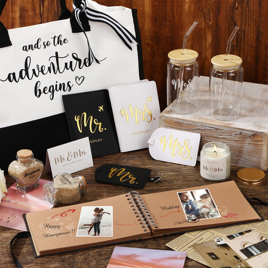 Singhoow 12 Pcs Wedding Honeymoon Gifts for Couple Mr Mrs Bridal Shower Engagement Gifts with Glass Adventure Book Scrapbook Passport Holder Baggage Tags Jar Tote Bag(Mr and Mrs)