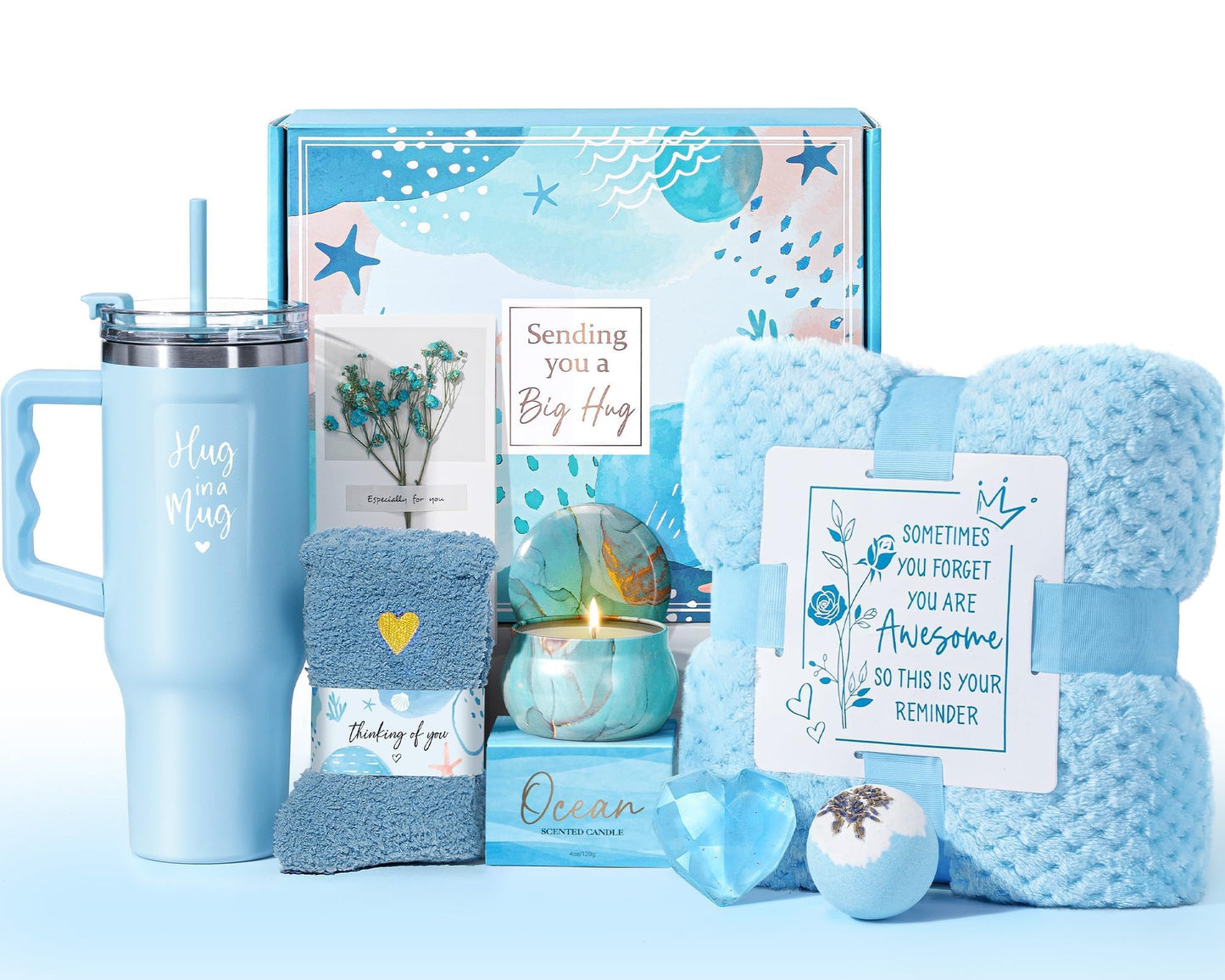 Birthday Gifts for Women Self Care Gifts Get Well Soon Gifts, Ocean Relaxing Spa Gifts Basket Care Package w/ Flannel Blanket 40 OZ Tumbler, Christmas Gifts for Mom Wife Grandma Friends Sisters Her