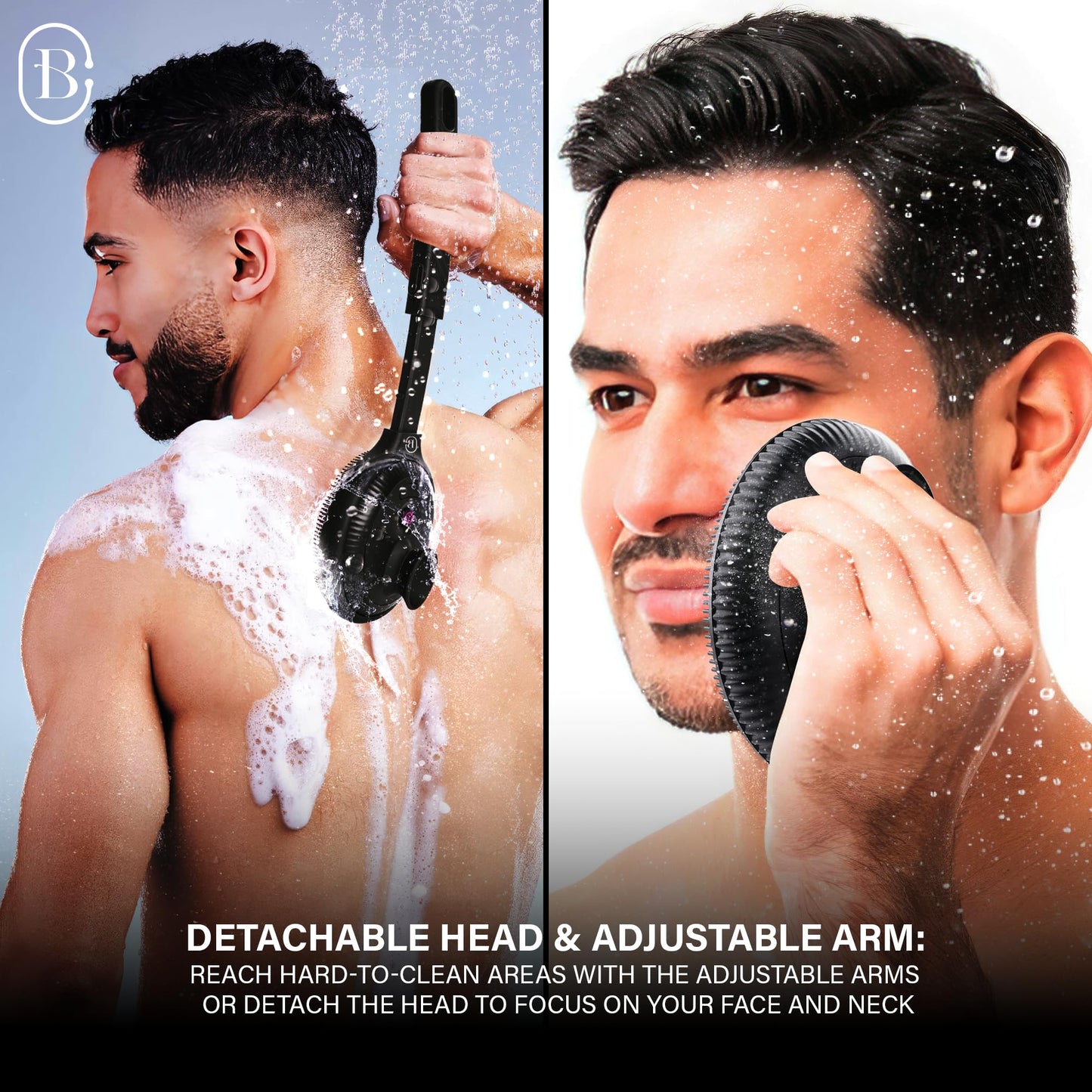 Bella Ciao Electric Shower Scrubber, Silicone Body Scrubber with 4 Vibrating Modes, Detachable Brush, and Long Handle, Waterproof Shower Body Brush, Black