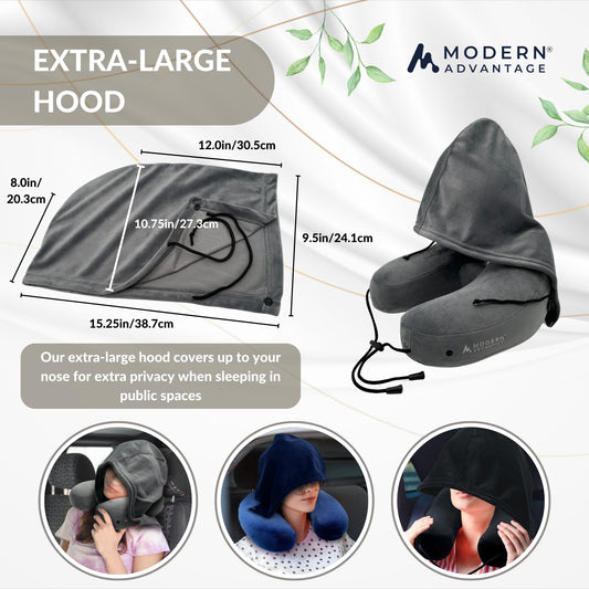 Modern Advantage Inflatable Travel Pillow for Airplanes – Hooded Neck Pillow with Adjustable Support – Comfortable, Compact & Travel-Friendly – Perfect for Sleeping on Long Flights (Grey)