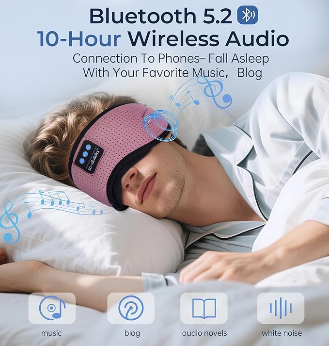 LC-dolida Bluetooth Sleep Mask with White Noise，Sleep Headphones,Bluetooth Wireless Music Eye Mask, Ideal for Travel, Night Work, Napping, Side Sleeping and Office Use for Both Men and Women(Pink)