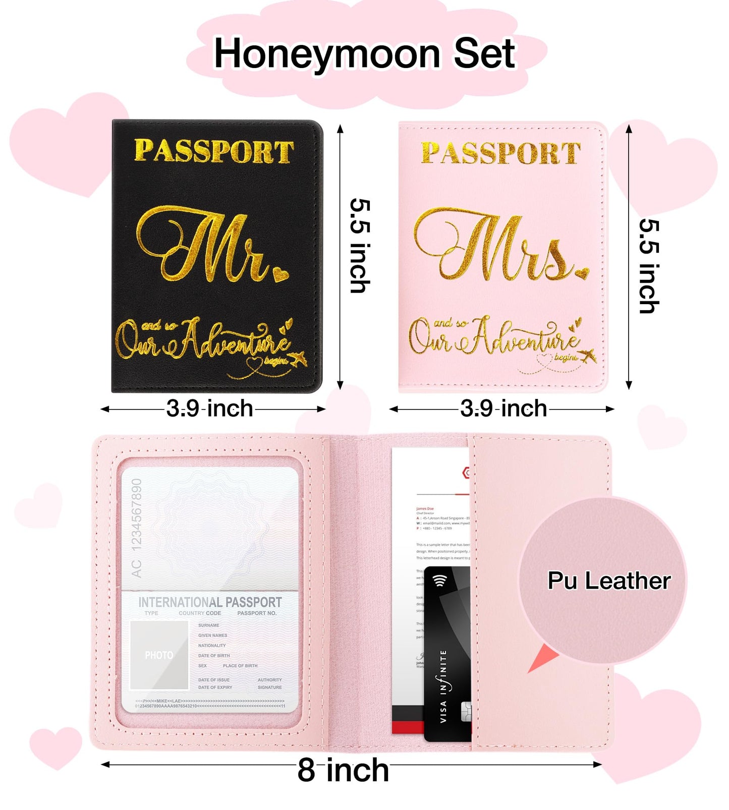 Mr and Mrs Luggage Straps for Suitcases with Matching Passport Holders, Honeymoon Wedding Travel Gift Set for Couples, Bridal Shower Gifts, Newlyweds, Bride, Valentine's Day (Black & Pink)