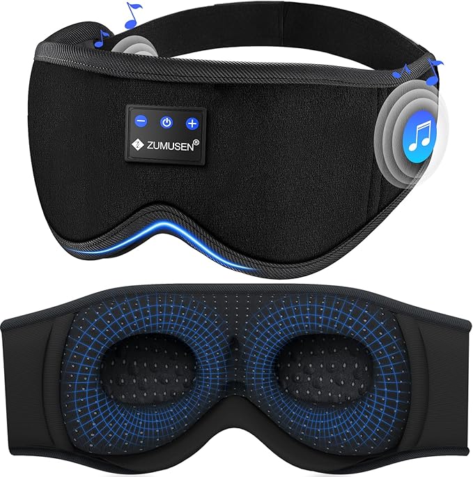 ZUMUSEN Bluetooth Sleep Headphones, 3D Wireless Music Eye Mask with Ultra-Thin Stereo Speakers, Adjustable Sleep Mask for Side Sleepers, Perfect for Travel, Meditation, Relaxation