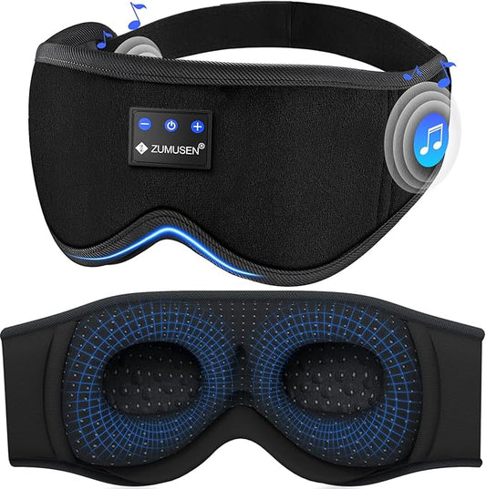 ZUMUSEN Bluetooth Sleep Headphones, 3D Wireless Music Eye Mask with Ultra-Thin Stereo Speakers, Adjustable Sleep Mask for Side Sleepers, Perfect for Travel, Meditation, Relaxation