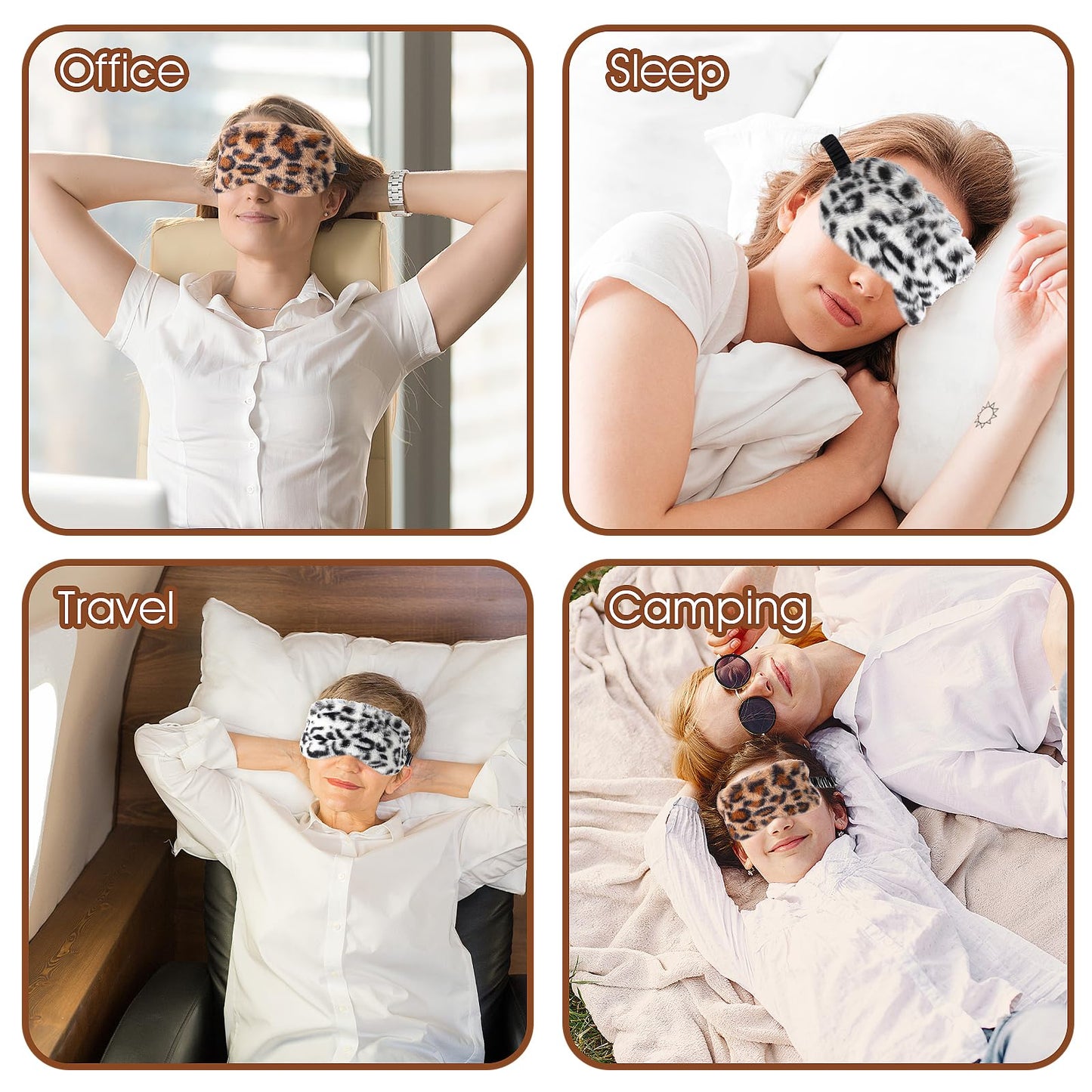 2 Pcs Plush Leopard Eye Mask Soft Sleeping Blindfold Eye Cover Comfortable Furry Faux Fur Sleeping Mask Satin Nap Night Eyeshade Cover for Women Men Gift (Brown, White)