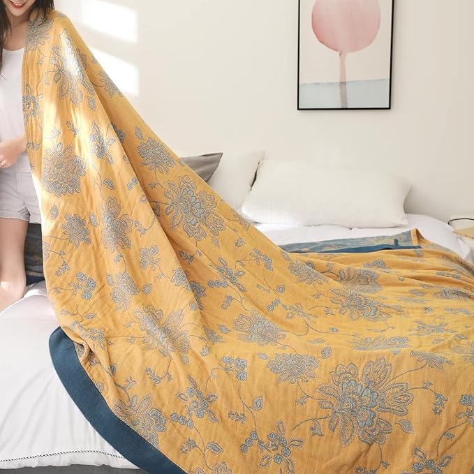 Boho Throw Blanket for Bed 100% Cotton Ultra Soft Rustic Quilt Fall Blanket Floral Printed Farmhouse Decor Bed Blankets,80"×90" All Season Rustic Throw for Sofa Couch Chair