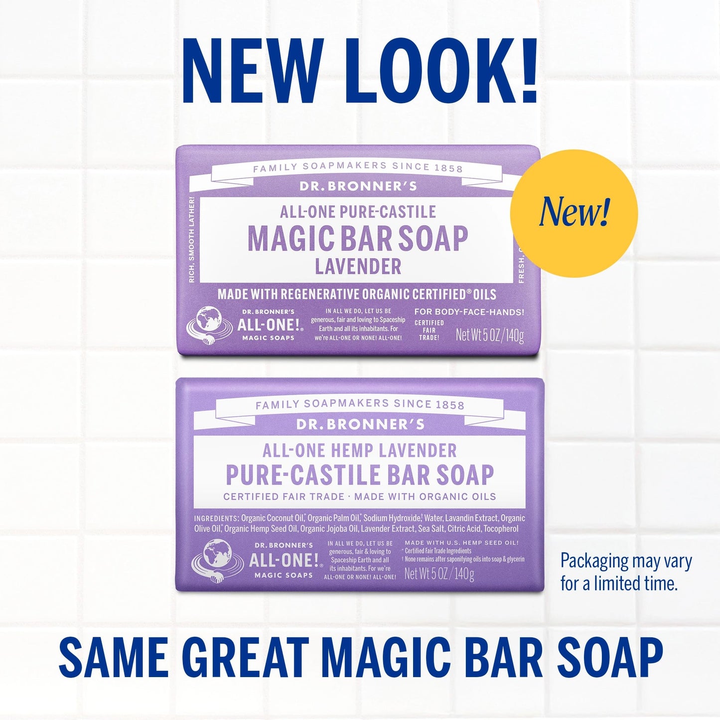 Dr. Bronner's Pure-Castile Magic Bar Soap - Made with Regenerative Organic Certified Oils - For Face, Body, Hair- Gentle on Sensitive Skin - Vegan Soap Bars for Men & Women - Lavender, 2 Pack, 5oz