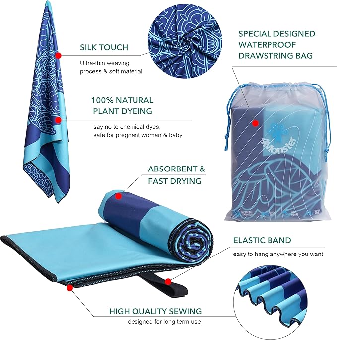 4Monster Microfiber Beach Towel Quick Dry,Super Absorbent Lightweight Travel Towel for Swimmers, Sand Free Camping Towel, Beach Towels for Pool,Swim,Water Sports,Yoga