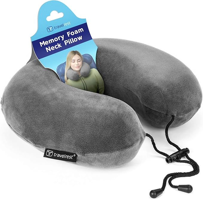 TRAVELREST Travel Essential Neck Pillow - Memory Foam, Washable Micro-Fiber Cover, Soft and Comfortable Head Support for Long Flights, Compact, Attaches to Luggage, Airplanes, Cars, Bus - (Grey, Curl)