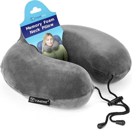 TRAVELREST Travel Essential Neck Pillow - Memory Foam, Washable Micro-Fiber Cover, Soft and Comfortable Head Support for Long Flights, Compact, Attaches to Luggage, Airplanes, Cars, Bus - (Grey, Curl)