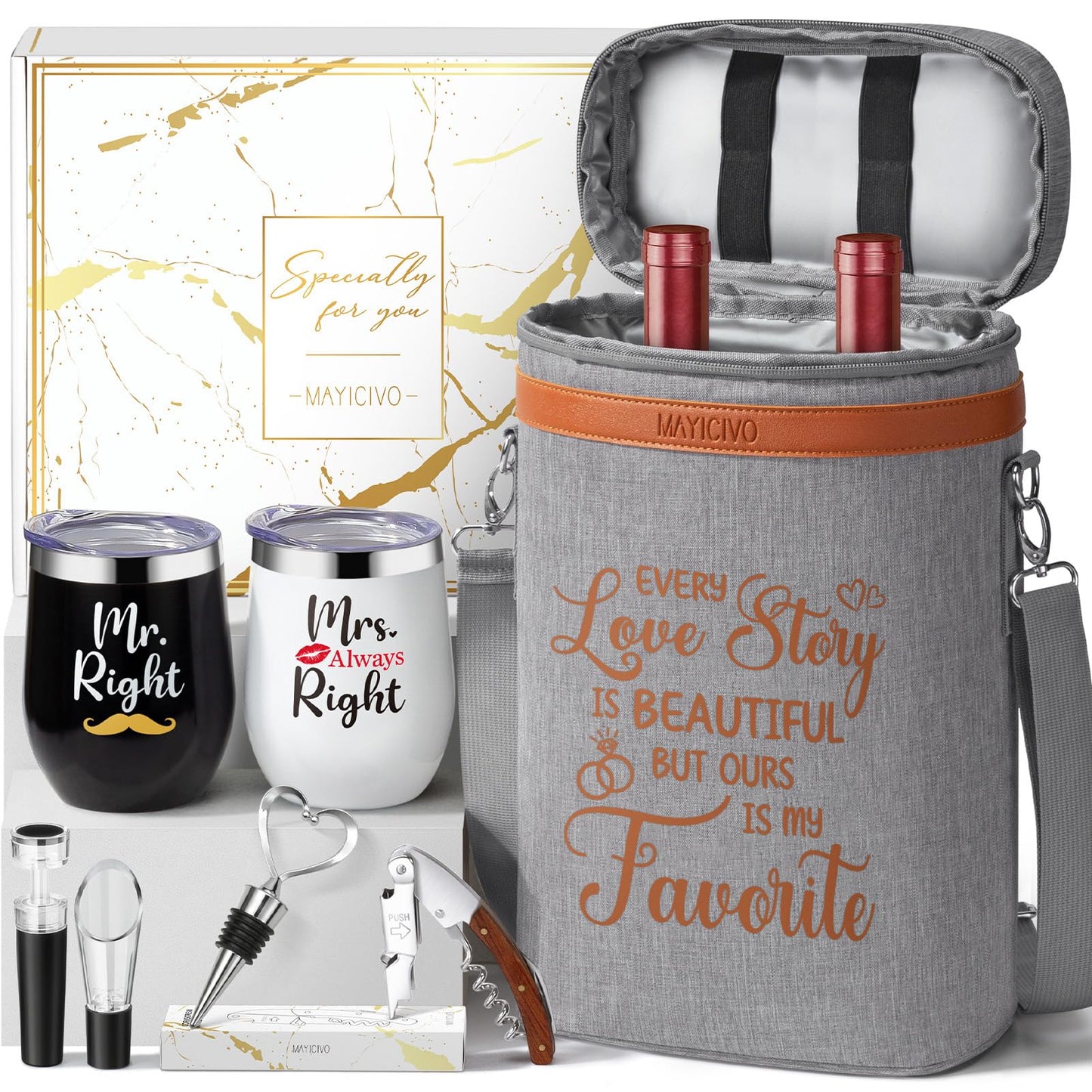 Anniversary Engagement Gifts for Men Women, Mr and Mrs Wine Tumblers Gifts - Funny Wedding Gifts for Couple, Bridal Shower, Newlywed - Insulated Wine Cooler Tote Bag with Glasses and Wine Accessories