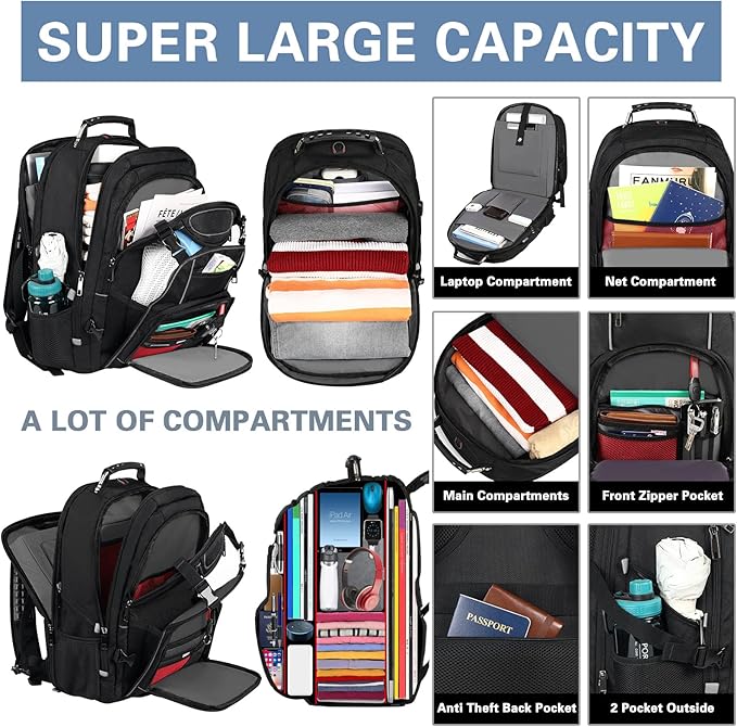 18.4 Laptop Backpack for Men, 60L Extra Large Gaming Laptops Backpack with USB Charger Port,TSA Friendly Flight Approved RFID Anti-Theft Pocket Heavy Duty Computer Bag Backbag,21.2*15.5*11.5 inch Grey