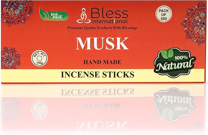 Bless-Musk 100%-Natural-Handmade-Hand-Dipped-Incense-Sticks Organic-Chemicals-Charcoal-Free Purification-Relaxation-Positivity-Yoga-Meditation Best-Woods-Scent (500 Sticks(26 OZ))