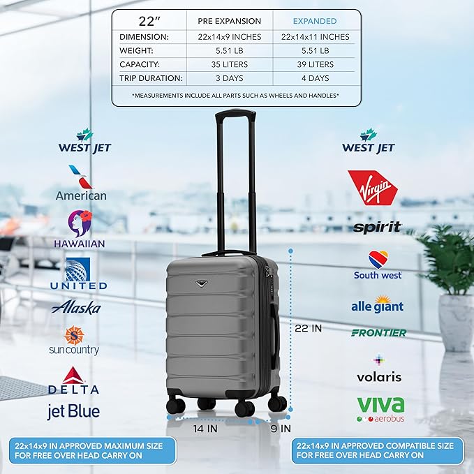 22x14x9" Expandable Carry On Suitcase Hardside TSA Lock USB C Port Lightweight Luggage Silent Double Spinner Wheels Maximum Overhead Carry-On Bag For American & United Approved Airlines