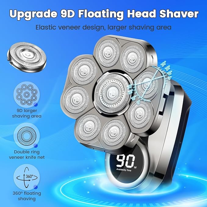 9D Head Shavers for Bald Men: Upgraded 6 in 1 Detachable Bald Head Shavers with LED Display - Wet/Dry Electric Razor for Men - Travel Lock Electric Shaver Grooming Kit with Type-C Charge