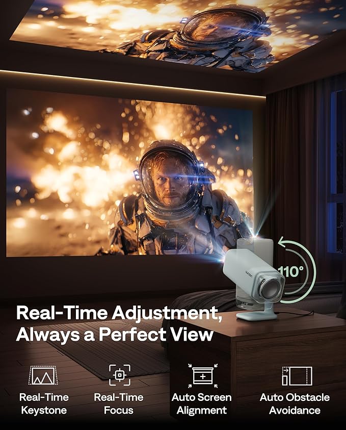 Aurzen BOOM Air Google TV Portable Projector with WiFi and Bluetooth, USB-C Powered, Smart Projector for Outdoor & Home Movie, 4K Supported, Real-Time Focus, Dolby Audio, Adjustable Stand, Off-White