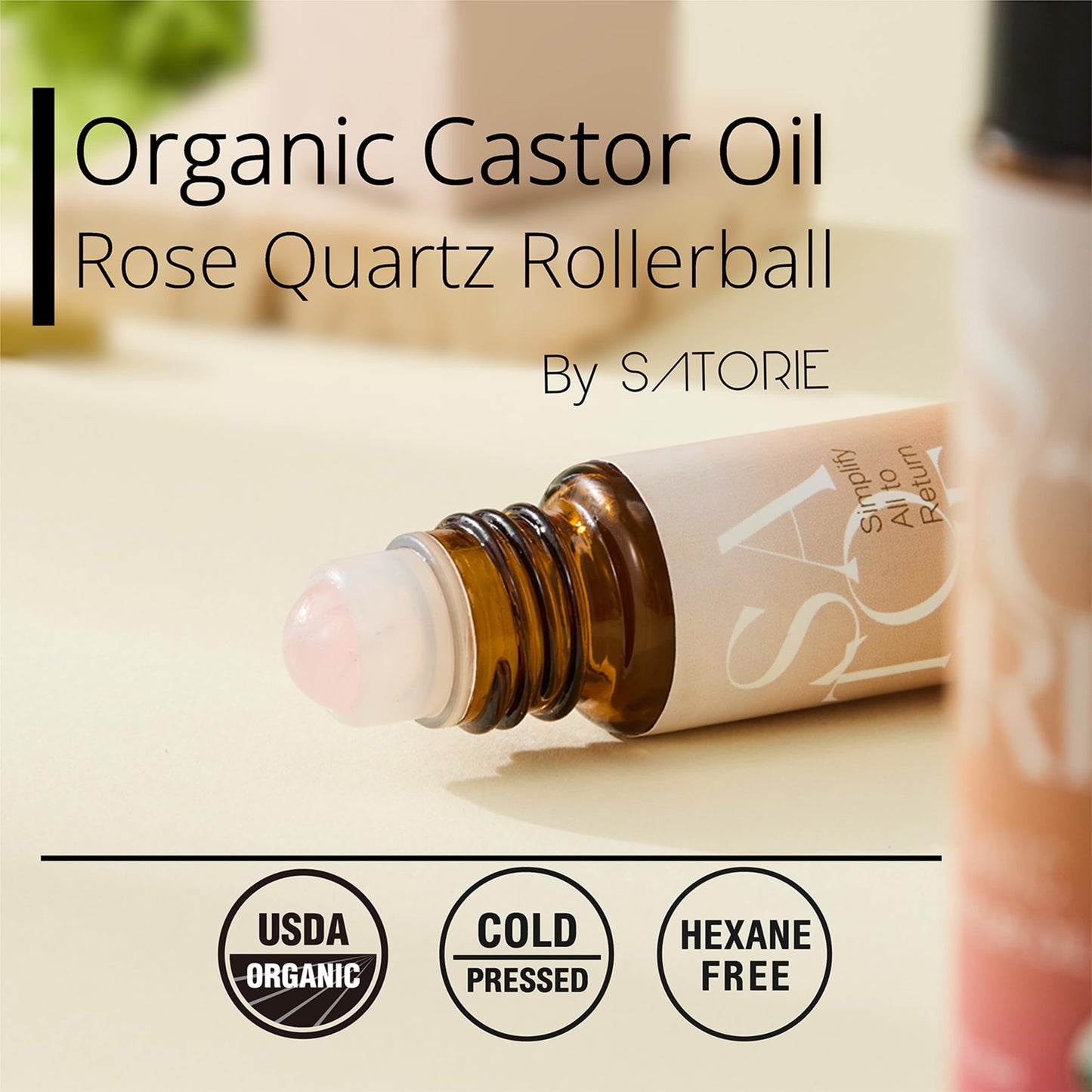 SATORIE Organic Castor Oil with Rose Quartz Rollerball - USDA Certified 100% Castor Oil Roll-on for Face, Under Eyes, Brows & Lashes; Deep Moisture, Soothing, Promotes Hair Growth