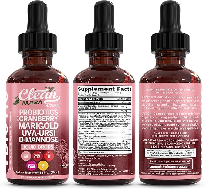 Clean Nutraceuticals VBiotic Vaginal Probiotic for Women Liquid Drops | Cranberry Uva Ursi Horsetail D-Mannose Prebiotics Marigold & Black Cohosh Vaginal Health Supplement | pH Balance