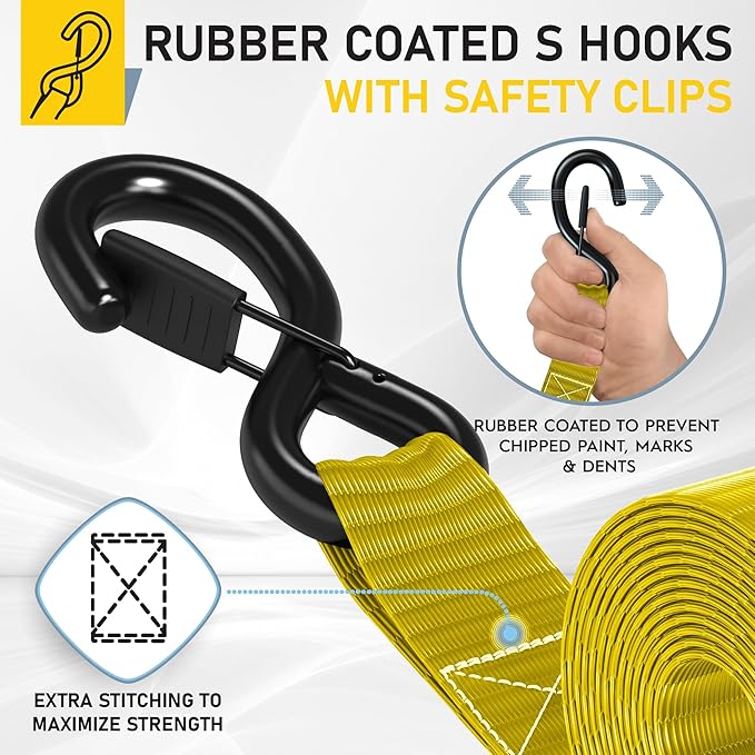 AUGO Heavy Duty Ratchet Straps & Soft Loops – Pack of 4 Extra Strong 1.5” by 10’ Ratchet Straps w/S-Hook Safety Latches & 4 Soft Loop Tie Downs – 4400Lb Break Strength for Motorcycles, ATVs, Etc.