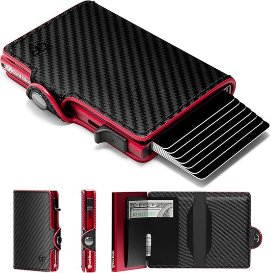Card Blocr Pop Up Credit Card Wallet, RFID Blocking Credit Card Holder for men, Cool Wallets for Men in Carbon Wallet Design, Compact Card Holder Wallet for Secure Storage (Red PU Carbon Fiber)