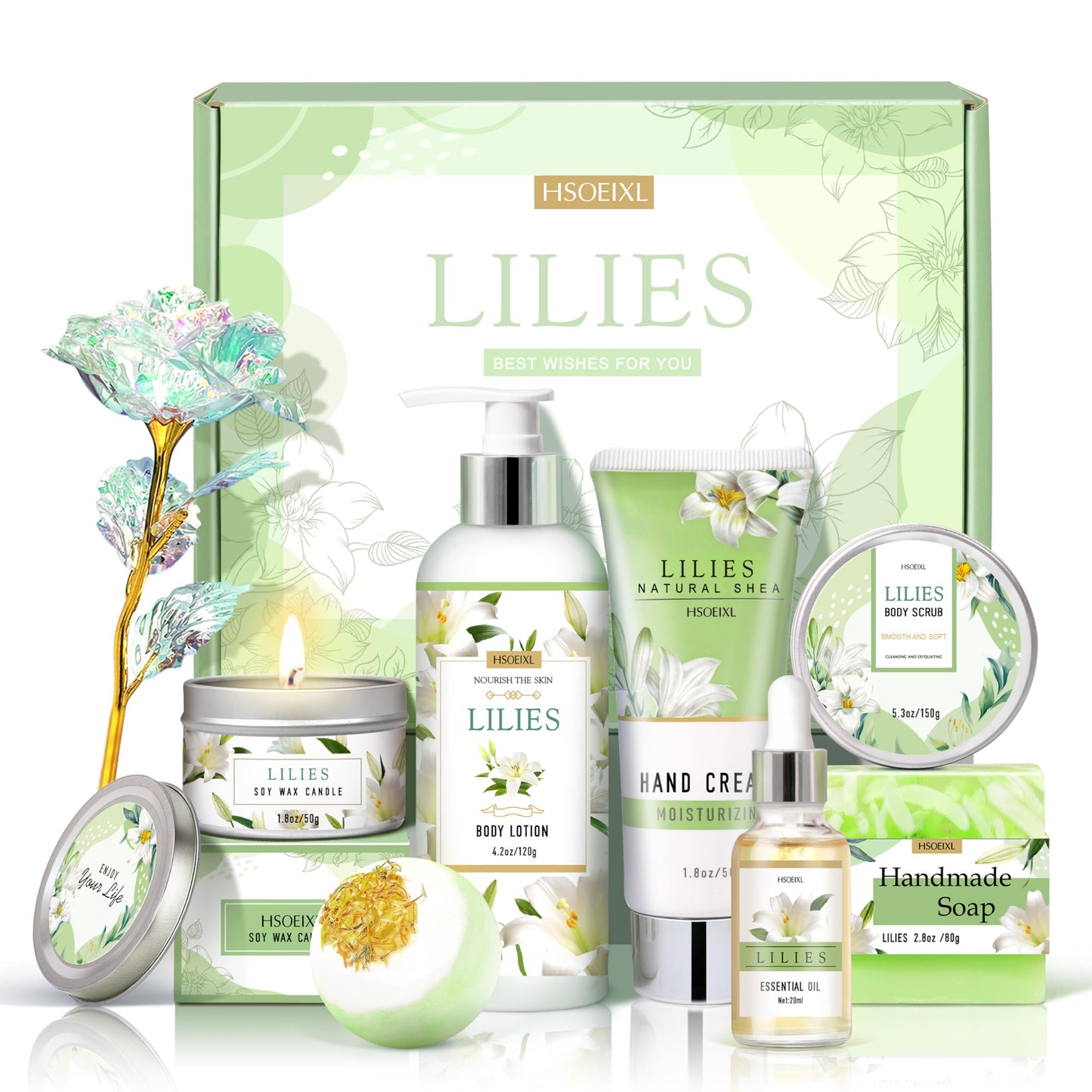 HSOEIXL Gifts for Women, Birthday Gifts for Women, Bath and Body Gifts Set, Lilies Self Care Set,Christmas Mothers Day Relaxing Spa Basket for Mom, Grandma, Girlfriend, Sister, Friends