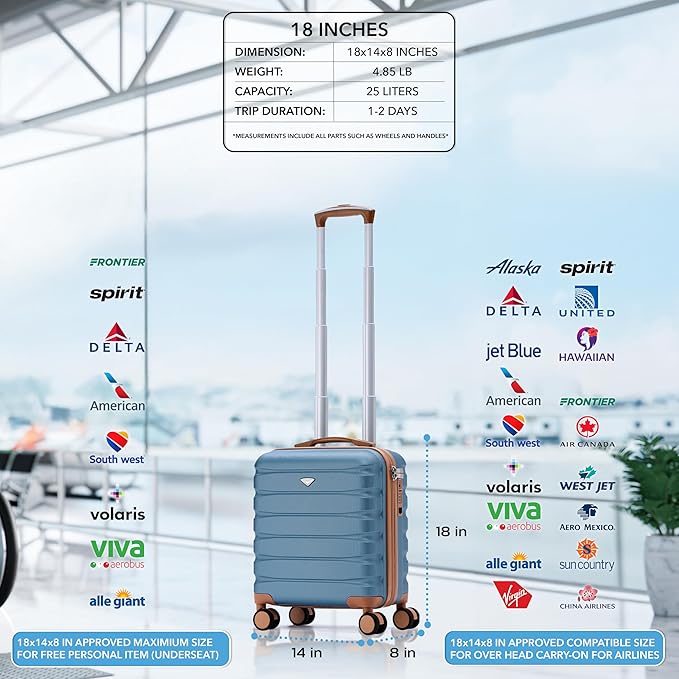 Carry On Suitcase Hardside Built In TSA Lock & USB Port Silent Double Spinner Wheels Maximum Underseat Carry-On Bag For American & United Approved Airlines( 18x14x8" ,Blue/Tan )