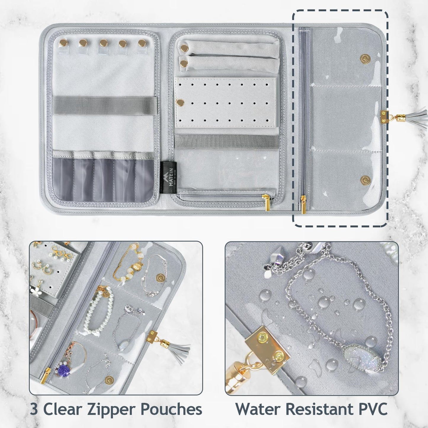 MATEIN Jewelry Travel Organizer for Women, Tangle Free Portable Leather Jewelry Storage Roll Bag Envelope Clutch, Waterproof Lightweight Jewelry Case Holder for Necklaces, Rings, Earrings, Bracelets