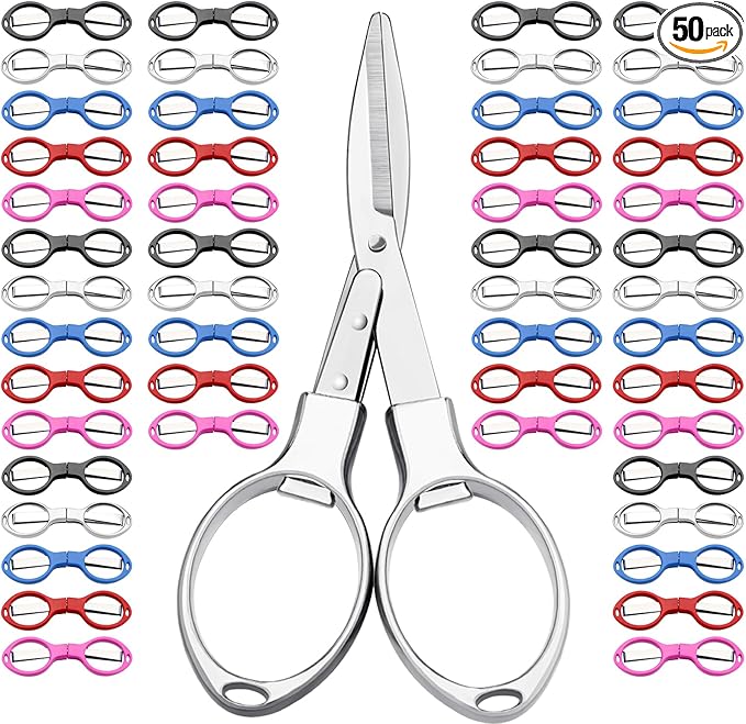 50 Pcs Mini Folding Scissors Small Foldable Travel Stainless Steel Portable Shears Bulk Badge Scissors for Nurses Glasses Shaped Anti Rust Sewing Cutter for Nurse Week Gifts School Office